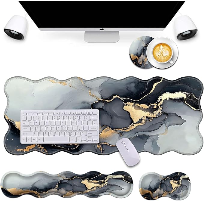 Bxgolkgd Desk Mat SetMouse Pad with Keyboard Wrist Rest &amp Mouse Wrist RestWave-Shaped DesignNon-Slip Rubber BaseErgonomic Desk Mat for HomeOfficeGamingMarble