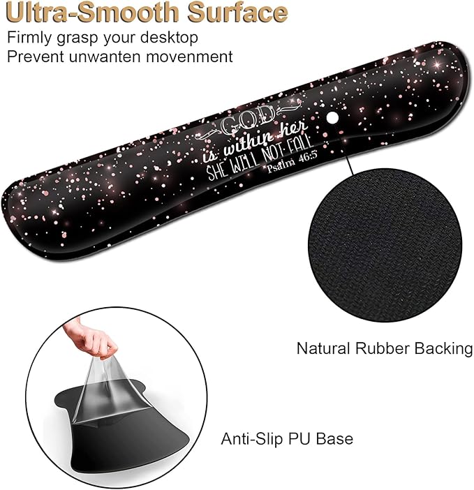 Ergonomic Gel Mouse Pad with Wrist Support Memory Foam Keyboard Wrist RestNon-Slip PU Base for Home Office Working Studying Easy Typing &amp Pain Relief Rose Gold Glitter Black Mouse Pad Psalm 46-