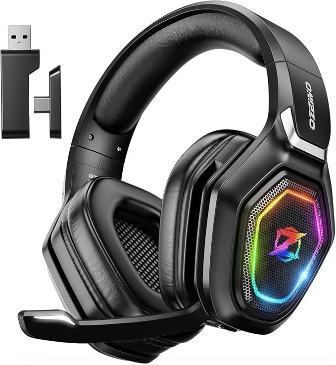 Ozeino Wireless Gaming Headset with Flip Microphone RGB Lighting Gaming Headphones for PS5 PS4 PC - 2.4GHz USB &amp Type C Transmitter