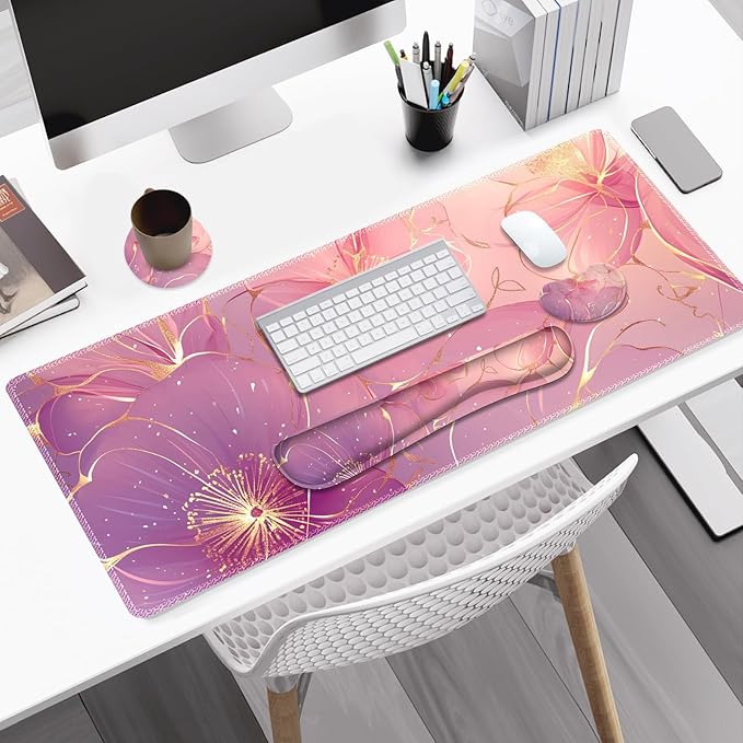 Desk Mat Pad Gaming Mouse Pad Wrist Support Set 4 in1 Non-Slip Large Mousepad + Ergonomic Keyboard Wrist Rest+Mouse Wrist Rest+Coaster for Home Office Computer I Pink Purple Gold Floral