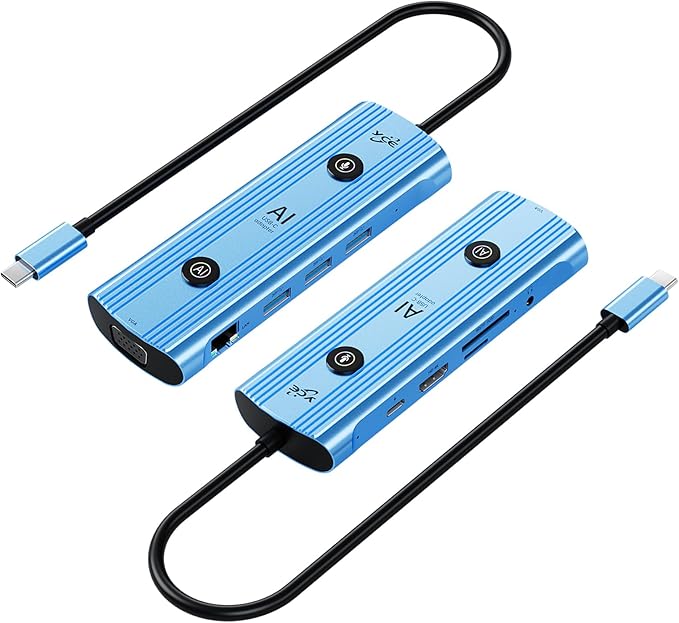 AI USB C Hub 12-in-1 Aluminum Blue Hub with GPT Voice Input 100W HDMI 4K VGA USB 3.0 Card Reader for MacBook HP Dell 0.48x0.15x0.06 Inches