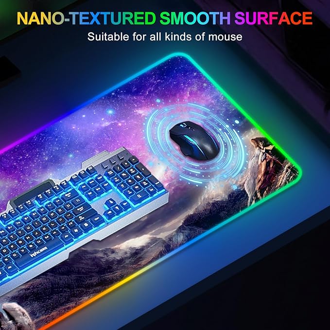 ARTSO RGB Gaming Mouse Pad Large Extended Soft Led Mouse Pad with 14 Lighting Modes 2 Brightness Water Resist Keyboard Pad Computer Mousepads Mat 35.4x15.7inch Starry Mountains