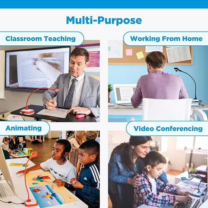 HUE HD Pro Flexible USB 11x17 Document Camera and Classroom Visualizer for Teachers: Built-in Microphone/Lights Windows macOS Chromebook Compatibility (Red Camera with White Carry Case)