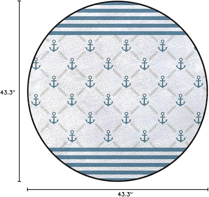 Anchor Gaming Chair Mat Round Floor Mats for Office Chair Computer Gaming Desk Mat for Rolling Chair Non-Slip Gaming Rug Marine Anchor Striped BackgroundPale Blue White Diameter 43.3 in