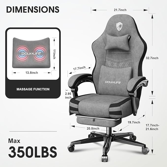 Gaming Chair Fabric Computer Office Chair with Massage Ergonomic Chair with Footrest Lumbar Support Pocket Spring Widened Cushion Metal Legs 350LBS Light Gray