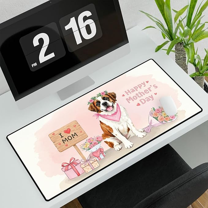 Happy Mother's Day Saint Bernard Love Dog Mom Heart Flower Desk Mat Full Keyboard Mouse Pad St Dog Lover Large Mousepad 12004