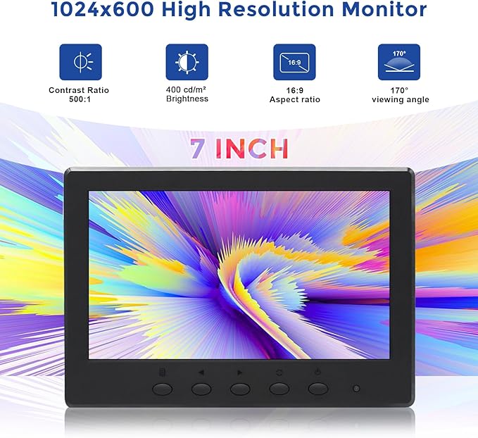 OSCY 7 Inch Small Monitor Mini HDMI Monitor 1024x600 Support HDMI VGA AV BNC Inputs Built in Dual Speaker and Remote Contro Tiny for PC/Mac/TV/Raspi/Camera/Gaming/CCTV