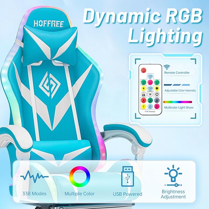 HOFFREE Gaming Chair Massage with Bluetooth Speakers and Led Lights Ergonomic Computer Gaming Chair with Footrest Cute Video Game Chair for Gaming Room Light Blue and White