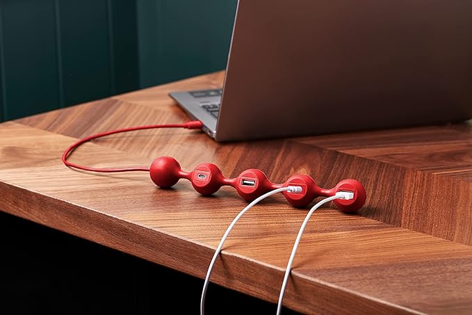 LEXON PEAS HUB 2 4-Port Hub Charge 2 x USB 2 x USB-C 2 Smartphones Simultaneously Copper Inner Cable LD143DR Dark Red