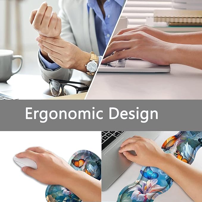 Large Gaming Mouse Pad + Keyboard Wrist Rest + Wrist Support + Coaster Set Memory Foam Ergonomic for Easy Typing XXL Extended Gaming Mouse Pad Table Pad - Painting Butterfly
