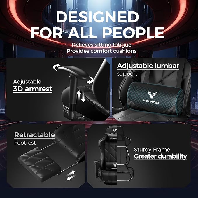 Gaming Chair Big and Tall Video Game Chair with High Back PU Leather Home Office Ergonomic Computer Chair with Footrest Adjustable Height 360° Swivel Wheels for Adults and Teens
