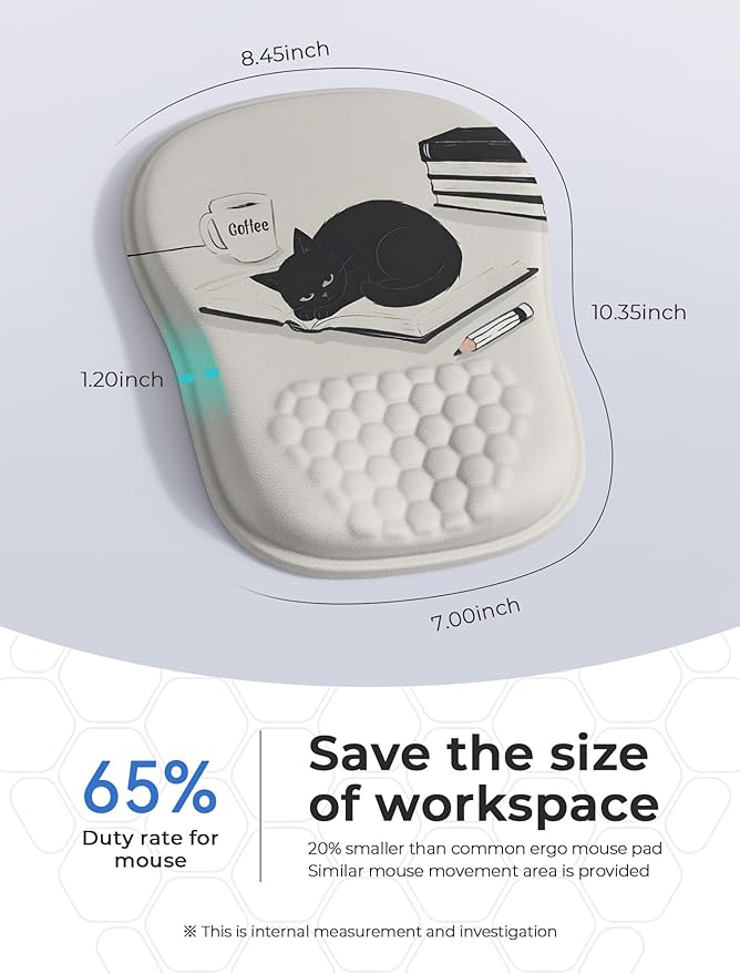 Ergonomic Mouse Pad with Cute Black Cat Design for Carpal Tunnel Pain Relief 65% Usable Mouse Area Memory Foam Concave Wrist Rest for Office PC Gaming