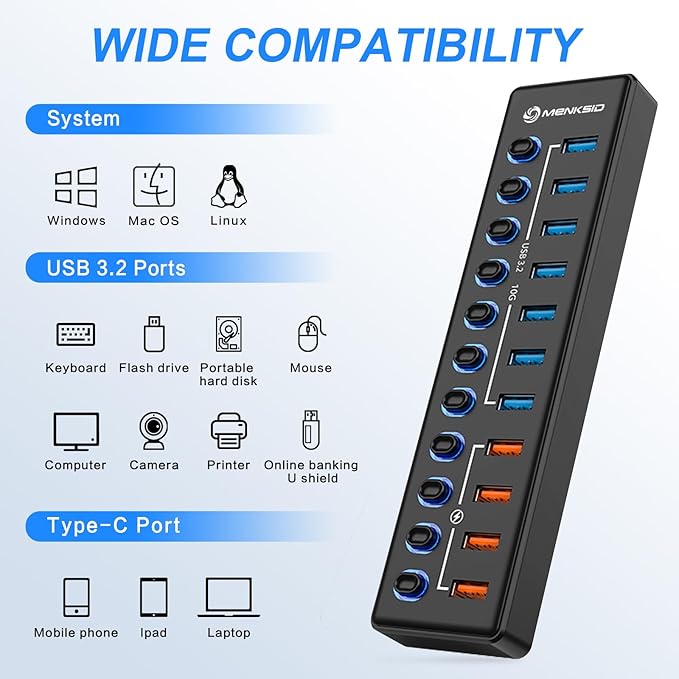 Powered USB Hub MENKSID 11-Port USB Hub 7 USB 3.2 Data Transfer Ports + 4 Smart Charging Ports Independent Switch (with LED Power Indicator) USB 3.2 Hub Powered with Power Adapter for Mac PC