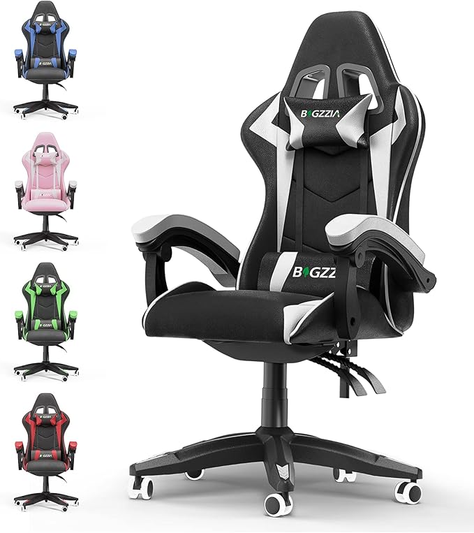 Bigzzia Gaming Chair Ergonomic Video Game Chairs with Pillow and Lumbar Support Racing Style Height Adjustable Computer Chair with 360°-Swivel Seat for Adults（White）