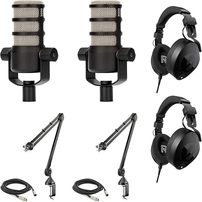 StreamEye Rode PodMic Dynamic Podcasting Microphones (Pair) with Rode PSA1 Microphone Boom Arms Rode NTH-100 Professional Closed-Back Over Ear Headphones XLR Cables Polishing Cloth