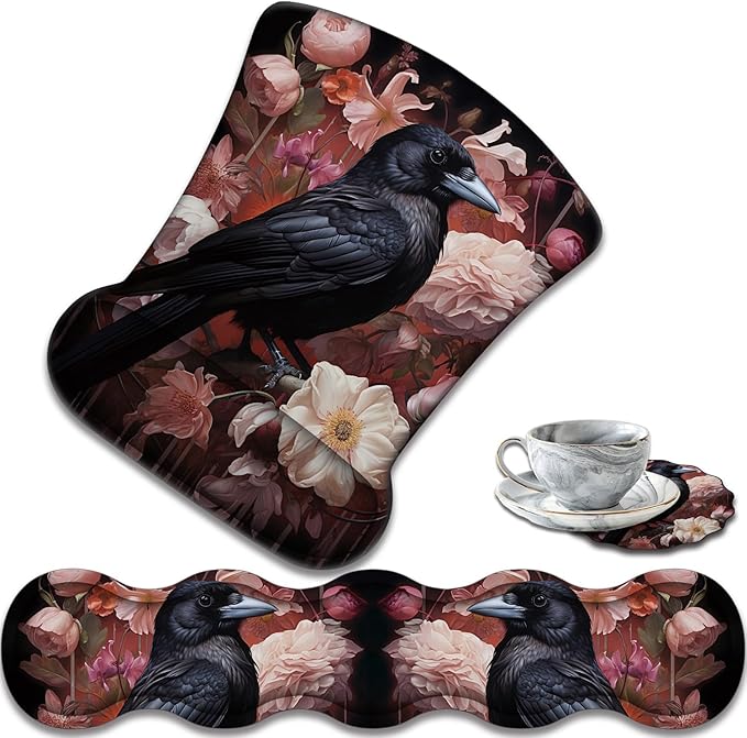 Ergonomic Keyboard Wrist Support Pad and Wrist Support Mouse Pad Anti-Slip with Gel Memory Mouse Pad Set Suitable for Office Use/Home Use - Magpie Peony Bird Flowers