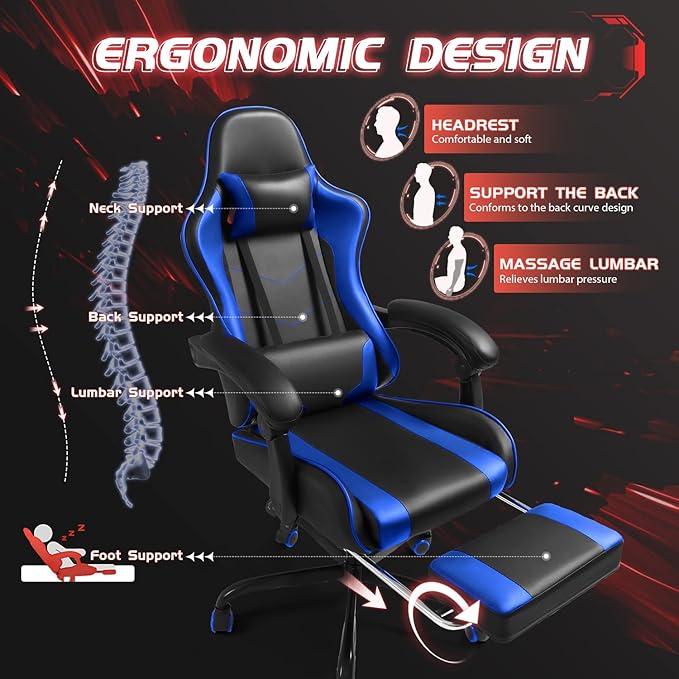 Shahoo Gaming Chair with Footrest and Massage Lumbar Support Video Game Chairs Height Adjustable Seat with Headrest for Office or Bedroom Study Room Dark Blue