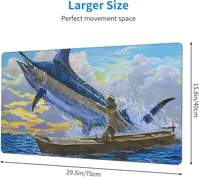 Old Man Blue Marlin Billfish Sportfishing Mar Gaming Mouse Pad Large 16x29.5 Inch - Non-Slip Desk Mat with Stitched Edges Durable Textured Rubber Base for Gaming