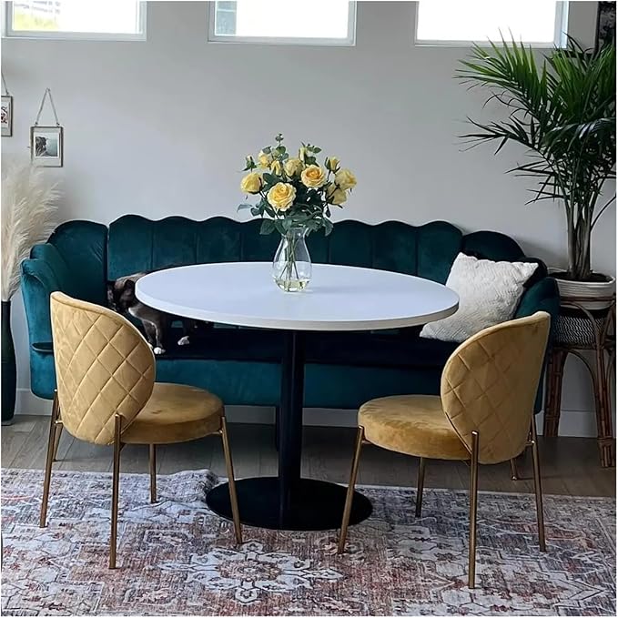 Adjustable Office Computer Chair with Armrest 1pcs Modern Style Velvet Yellow Upholstered Dining Room Chairs with Golden Metal Leg
