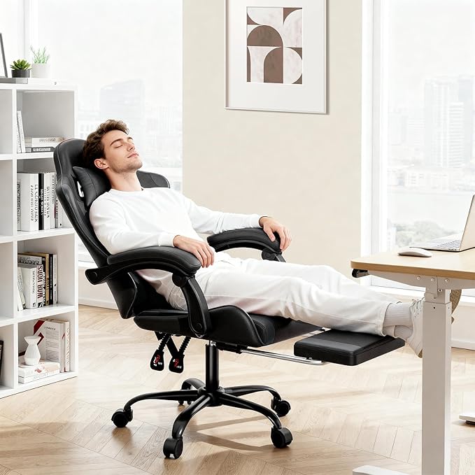 MoNiBloom Gaming Chair with Footrest High Back Video Game Chair with Headrest &amp Lumbar Support Height Adjustable Leather Swivel Computer Chair for Adult Teen Office or Gaming Black