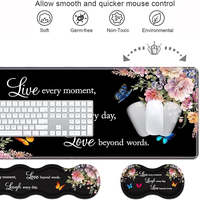 Ergonomic Keyboard Wrist Rest &amp Mouse Pad Wrist Rest Set Large XXL Gaming Desk Mat 31.5x 11.8 with Memory Foam Easy Typing Pain Relief for Office &amp Home Floral Quote Live Laugh Love