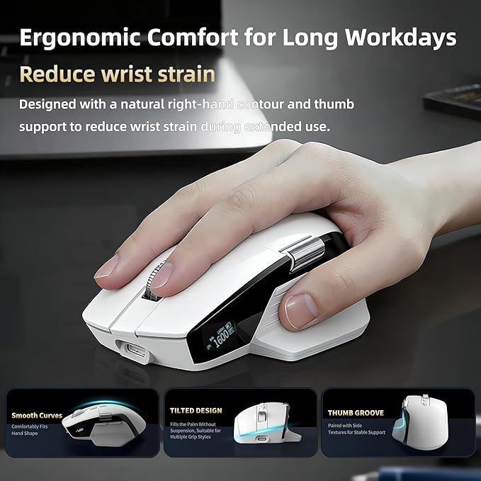 Ergonomic Wireless Mouse with Infinite Scroll &amp Side Scroll PixArt 3220 Sensor Bluetooth &amp 2.4G Rechargeable Office Mouse Multi-Connection OLED Display 700mAh Battery for Laptop PC Mac