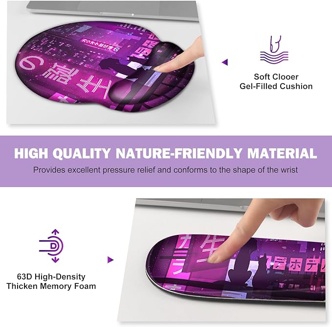 Gaming Mouse Pad Large Desk Mat Cute Desk Pad 4in1 XXL Mousepad + Keyboard Wrist Rest+Mouse Wrist Rest+Coaster Set with Ergonomic Desk Pad for Home Office Table Computer Purple Anime Neon