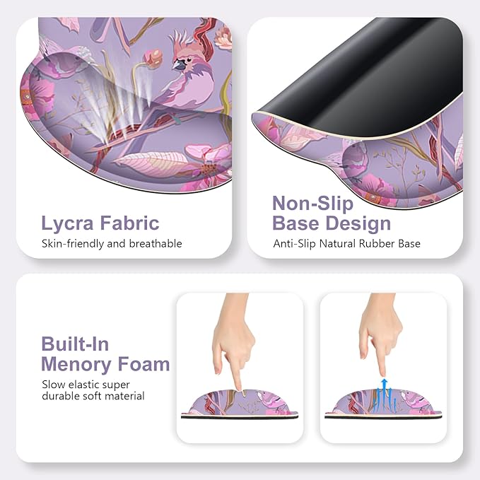 Flower Desk Mat 4in1 Large Mouse Pad with Wrist Rest Cute Desk Matt for Desktop Desk Pad Mat Anti-Slip XXL Computer Ergonomic Mousepad with Wrist Support for Keyboard and Mouse I Purple Bird