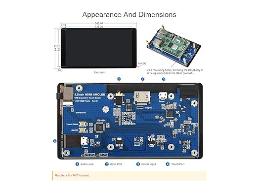 waveshare 5.5inch Capacitive Touch AMOLED Display Compatible with Raspberry Pi 4B/3B+/3A+/2B/B+/A+/Zero/Zero W/WH/Zero 2W CM3+/4 1080×1920 Resolution HDMI Supports Jetson Nano/Windows