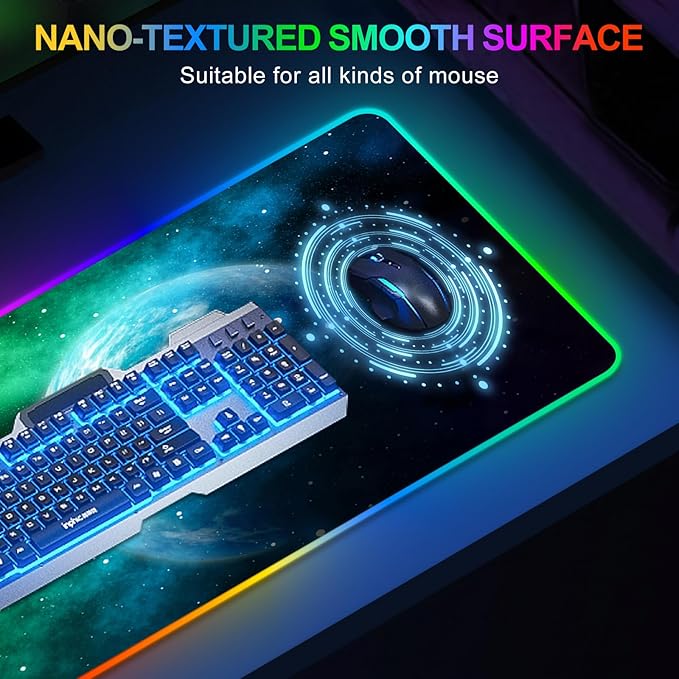 ARTSO Large RGB Gaming Mouse Pad Led Big Mouse mat with 14 Light Modes Extended Soft Computer Keyboard Mat Non-Slip Rubber Base Green Planet Nebula