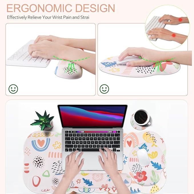 Petmolico Wrist Rest Set with Computer Keyboard Desk PadMouse Wrist RestKeyboard Typing Wrist Pad and Cup CoastersErgonomic Design for Typing Pain Relief [Pink]