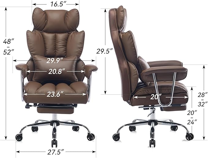 Big and Tall Office Chair 400lbs - Heavy Duty Executive Desk Chair with Footrest High Back PU Leather Ergonomic Computer Chair with Extra Wide Seat &amp Thick Cushion for Home Office (Brown)
