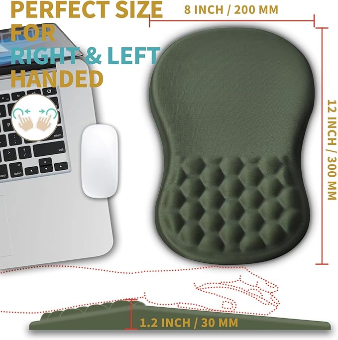 Hokafenle Ergonomic Mouse Pad Wrist Support with Massage Design Wrist Rest Pain Relief Mousepad with Memory Foam&ampNon-Slip PU Base Mouse Pads for Wireless Mouse &amp Desk (12x8 inchOlive Green)