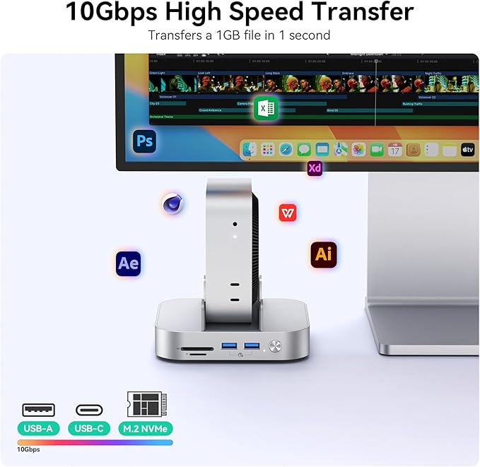 Yottamaster 9 in 1 Mac mini M4 Dock 10Gbps with 8TB NVMe SATA SSD Enclosure Aluminum Mac mini M4 Stand and Hub Built in Cool Fan USB-A*2/USB-C 10Gbps USB-A 2.0 * 2 3.5mm Audio*2 TF/SD