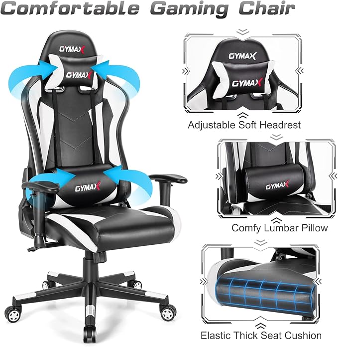 GYMAX Computer Gaming Chair Racing Style Office Chair with Adjustable Lumbar Support Headrest 360° Swivel Height Adjustable Ergonomic Reclining Gaming Chair for Home Office Leisure Room (White)