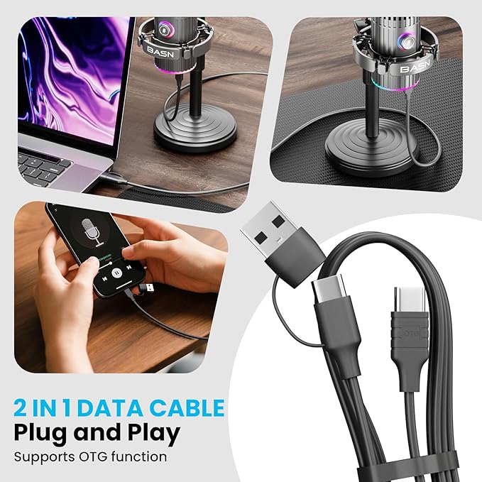 BASN USB/XLR Dynamic Microphone Live Streaming Gaming Recording with Three-in-One Mute ButtonRGB Lighting and MIC Stand for PC (Gray) SL2000