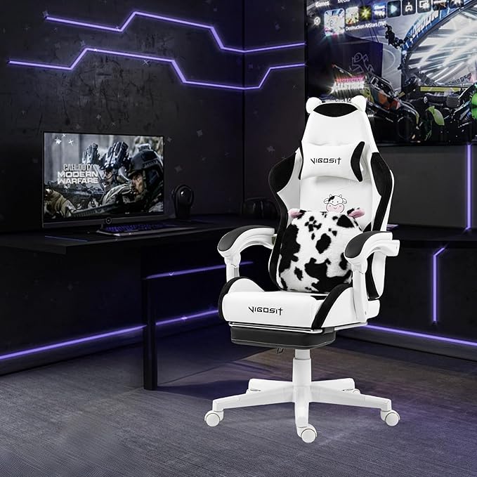 Black and White Cow Gaming Chair with Footrest Ergonomic Cute Gamer Chair for Girls Comfortable Computer Desk Chair for Adults Teens