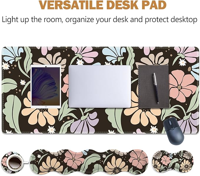 ARTSO Keyboard Wrist Rest Large Mouse Pad Wrist SupportBlack Floral 4in1 Keyboard Pad Desk MatErgonomic Memory Foam Wrist Support Cushion for Home Office