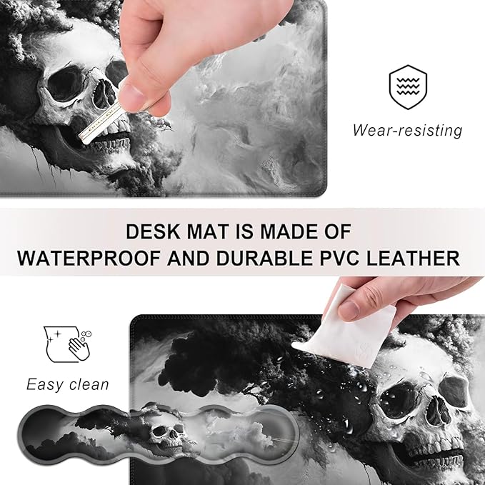 Mouse PadLarge Desk Mat Set 4in1 XL Mousepad + Keyboard Wrist Rest+Mouse Wrist Rest+Coaster with Ergonomic Desk Pad for Home Office Table Computer Cover -Smoky Skull Art