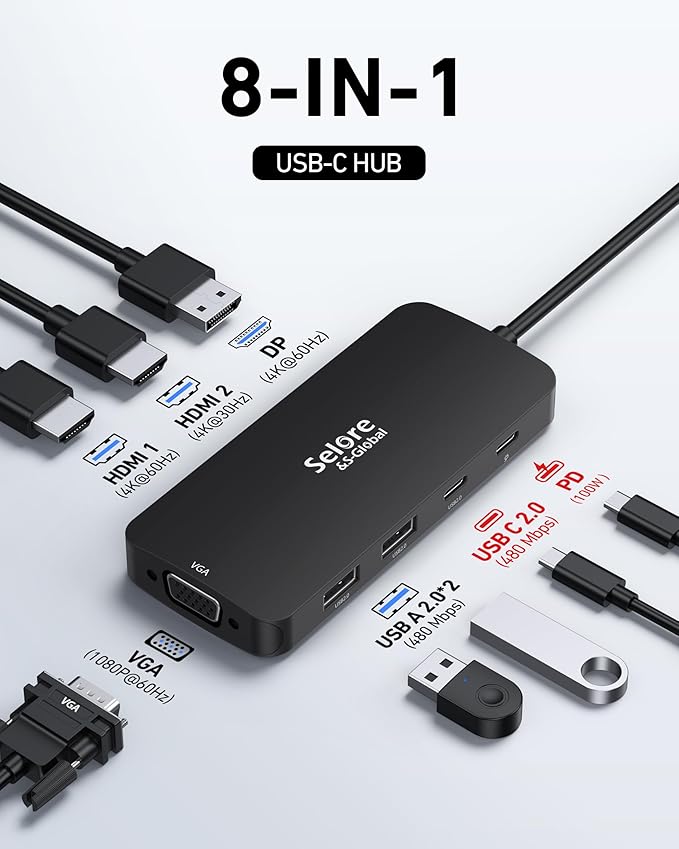 USB C Docking Station Dual HDMI Monitor Adapter Selore USB C Hub 3 Monitors with Dual HDMI Displayport VGA 100W PD Charging 3USB 2.0 Ports Adapter for Dell XPSHP Lenovoetc(Black)