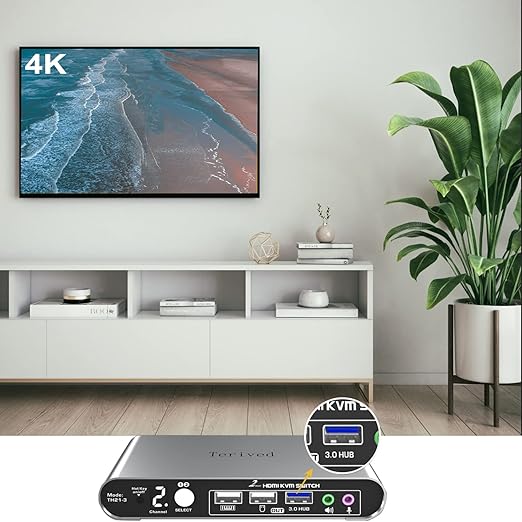 2 Port HDMI USB 3.0 KVM Switch with Aluminum Alloy Shell and Digital DisplayAudio/Microphone 4K@60HzhotkeyAuto EDID HDR10 with Cables
