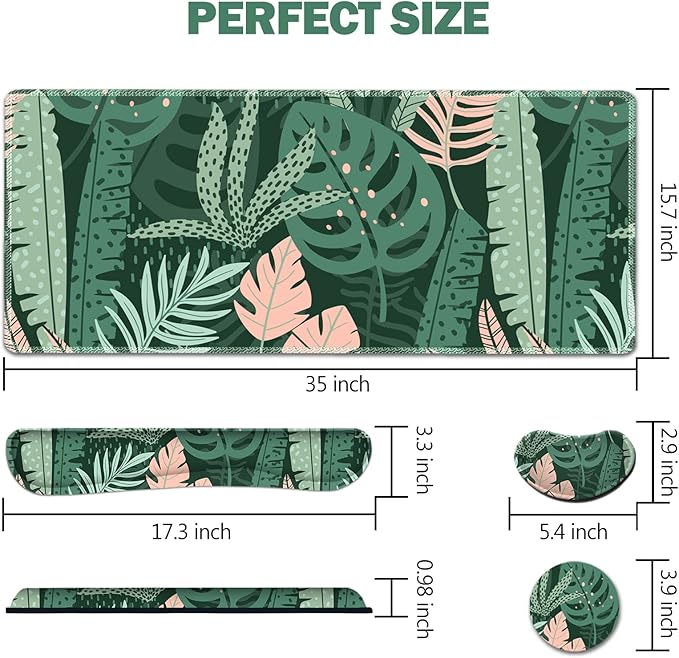 AIMSA Large Gaming Mouse Pad Set Keyboard Wrist Rest Support Mouse Pad Ergonomic Memory Foam Multifunctional Extended Desk Mat 35x15.7in Anti-Slip Rubber Base for Office Home Pink Green Leaves