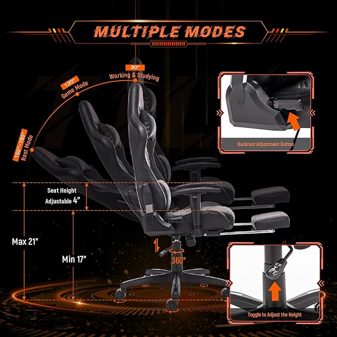 AA Products Gaming Chair Ergonomic High Back Computer Racing Chair Adjustable Office Chair with Footrest Lumbar Support Swivel Chair - Black