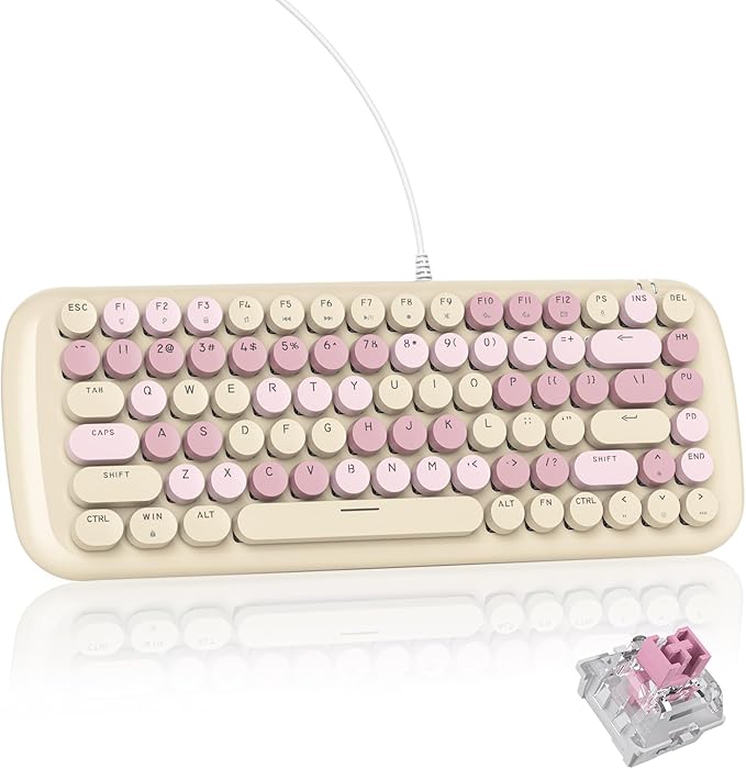 Milky Creamy Mechanical Gaming Keyboard Aesthetic Keyboard w/White Backlit 84 Keys Cute Retro Typewriter Computer Keyboard Wired w/Pink Switch Round Keycap for Windows/PC/PS5 (Milk Tea)