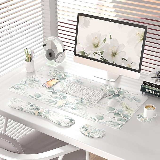 QIYI Leather Desk Mat Set 4-in-1 Large Mouse Pad with Wrist Rest Non-Slip Desk Pad + Keyboard Wrist Rest + Mouse Wrist Support + Coaster Office Desk Accessories Home Decor Supplies Eucalyptus Leaf