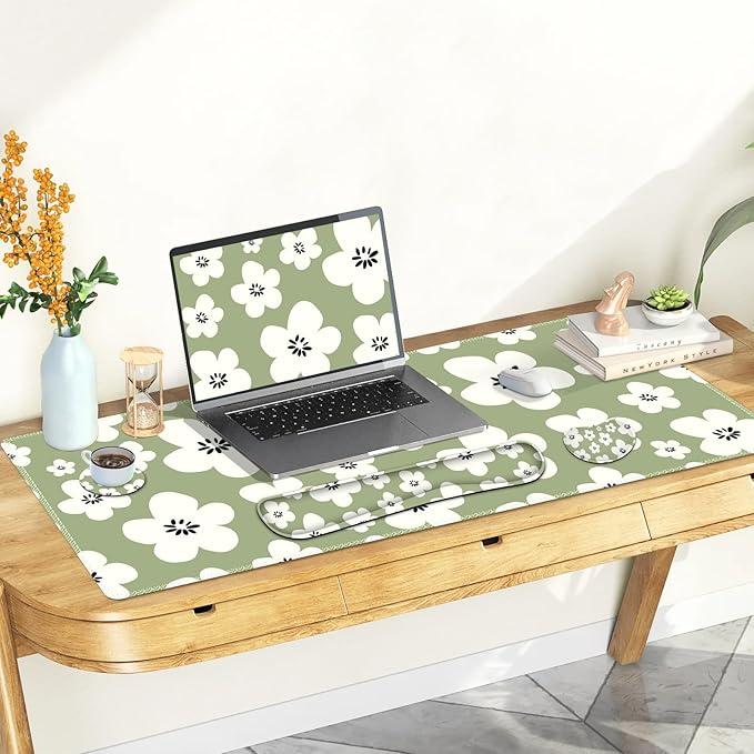Large Gaming Mouse Pad Set 4 in1 Ergonomics Keyboard Desk Mat w/Memory Foam Wrist Rest Computer Extended Game Mousepad Non-Slip Desk Matt Pad Easy Typing Pain Relief I Green Lucky Florals