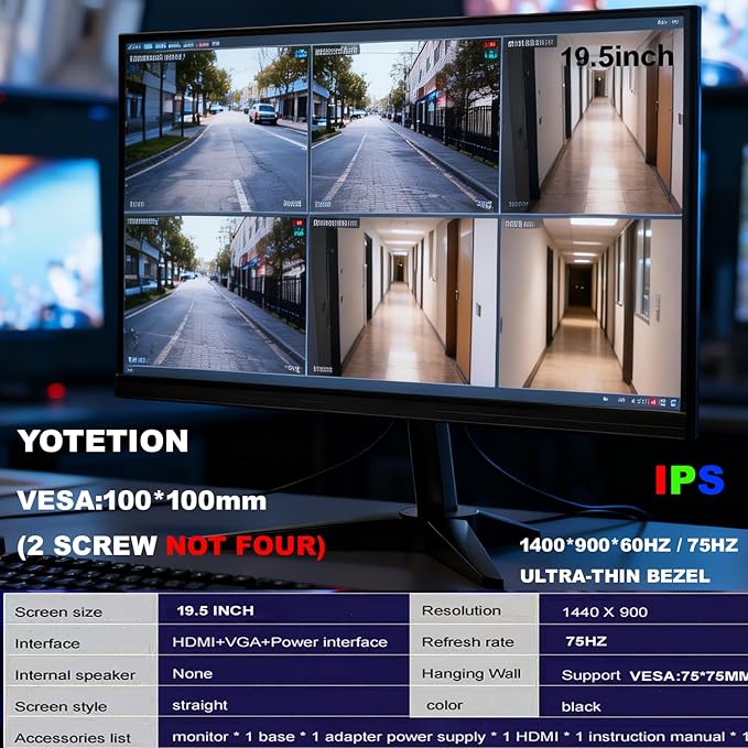 19.5inch IPS Monitor Without Audio Professional HD Monitor (1440 x 900) 75Hz Refresh Rate Visual Protection Technology Blue Light Filter and Flicker-Free Technology (HDMI and VGA Ports)