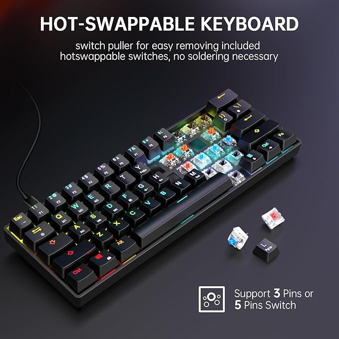 60% Mechanical Gaming Keyboard - 61 Keys Brown Switch Quiet Office Computer Keyboard - Multi Color RGB Rainbow Led Backlit - Programmable for PC/Windows/Mac/Gamer - USB Wired - Black