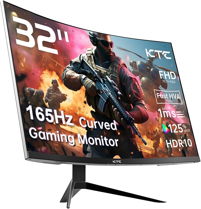 KTC 32 Inch FHD 1080p Curved Gaming Monitor - VA 1500R Curved Monitor 165Hz 1ms MPRT FreeSync &amp G-Sync 122% sRGB DP/HDMI VESA HDR10 for Gaming Home Office Business PC Monitor