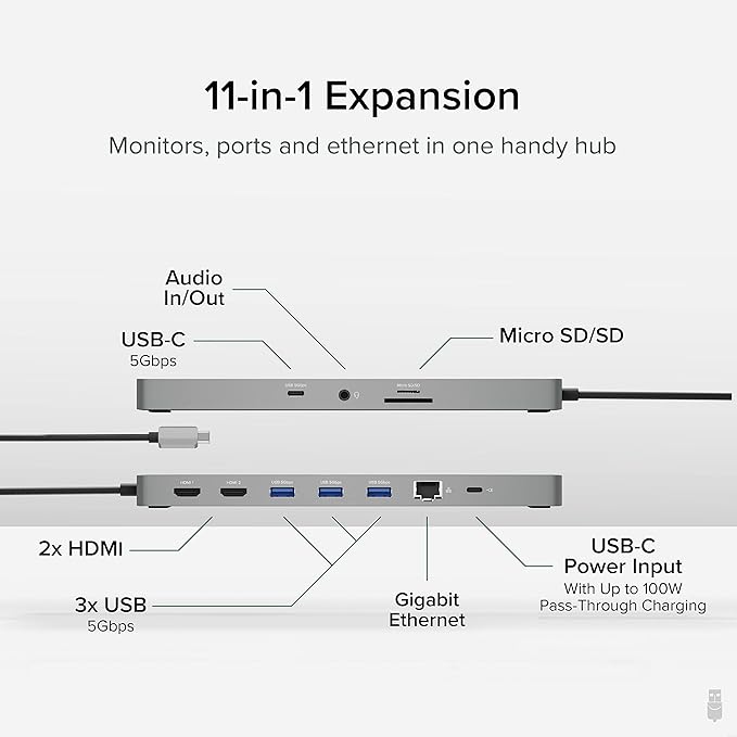 Plugable 11-in-1 USB-C Hub 100W USB-C Pass-Through Laptop Docking Station Dual Monitor 4K 60Hz HDMI Compatible with Thunderbolt Windows Chromebooks Displays Mirrored on Mac